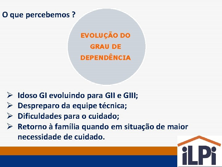 O que percebemos ? EVOLUÇÃO DO GRAU DE DEPENDÊNCIA Ø Ø Idoso GI evoluindo