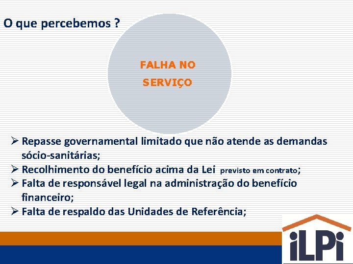 O que percebemos ? FALHA NO SERVIÇO Ø Repasse governamental limitado que não atende