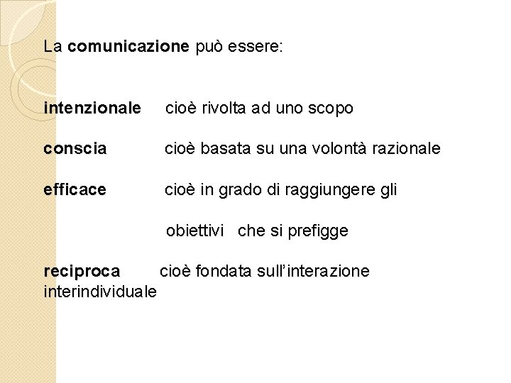 La comunicazione può essere: intenzionale cioè rivolta ad uno scopo conscia cioè basata su