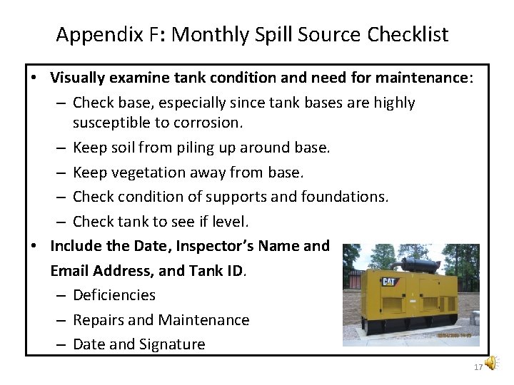 Appendix F: Monthly Spill Source Checklist • Visually examine tank condition and need for Appendix F: Monthly Spill Source Checklist • Visually examine tank condition and need for