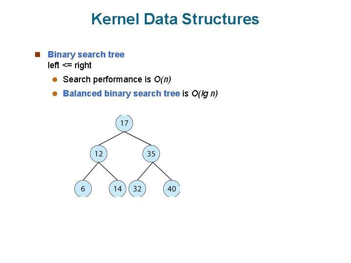 Kernel Data Structures n Binary search tree left <= right l Search performance is Kernel Data Structures n Binary search tree left <= right l Search performance is