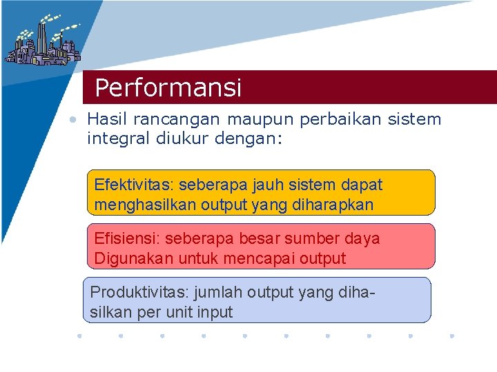 Performansi • Hasil rancangan maupun perbaikan sistem integral diukur dengan: Efektivitas: seberapa jauh sistem