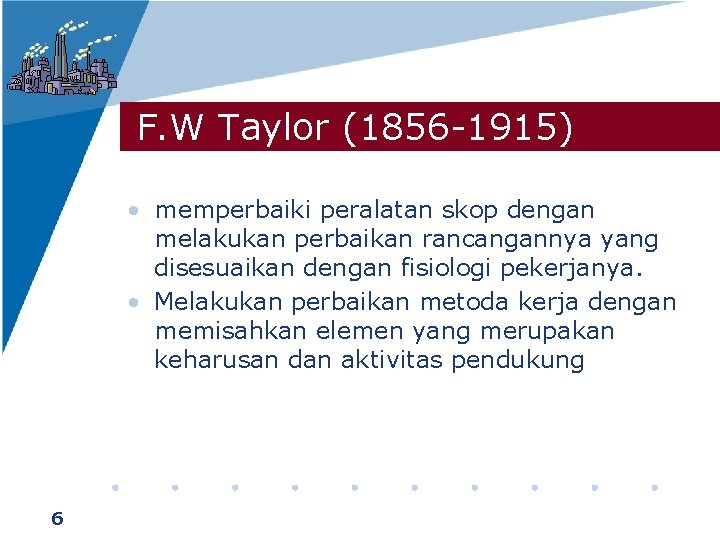 F. W Taylor (1856 -1915) • memperbaiki peralatan skop dengan melakukan perbaikan rancangannya yang