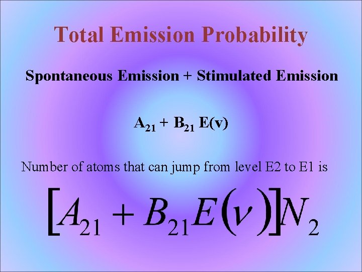 Total Emission Probability Spontaneous Emission + Stimulated Emission A 21 + B 21 E(v)