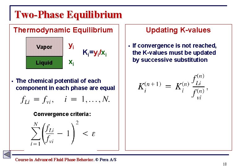Two-Phase Equilibrium Thermodynamic Equilibrium § Vapor yi Liquid xi Ki=yi/xi Updating K-values § If