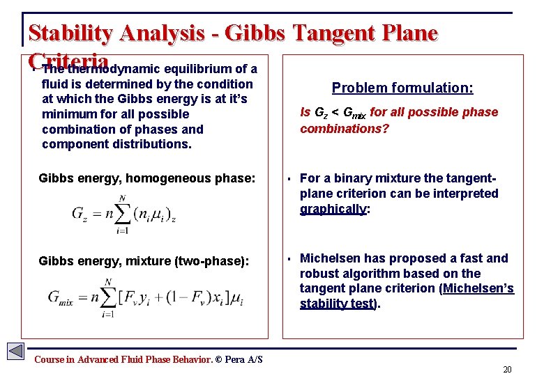 Stability Analysis - Gibbs Tangent Plane Criteria The thermodynamic equilibrium of a § fluid