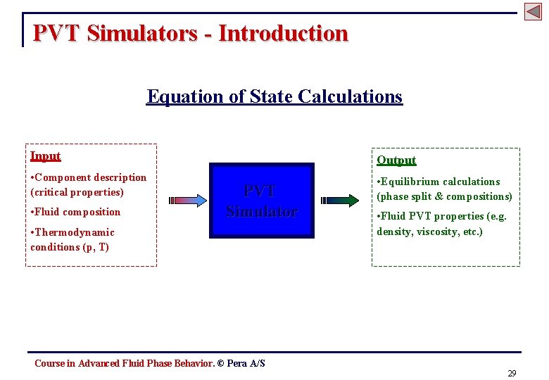 PVT Simulators - Introduction Equation of State Calculations Input Output • Component description (critical