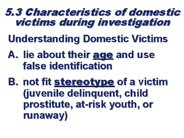 5. 3 Characteristics of domestic victims during investigation Understanding Domestic Victims A. lie about