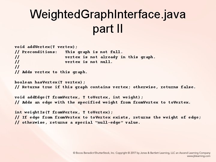 Weighted. Graph. Interface. java part II void add. Vertex(T vertex); // Preconditions: This graph Weighted. Graph. Interface. java part II void add. Vertex(T vertex); // Preconditions: This graph