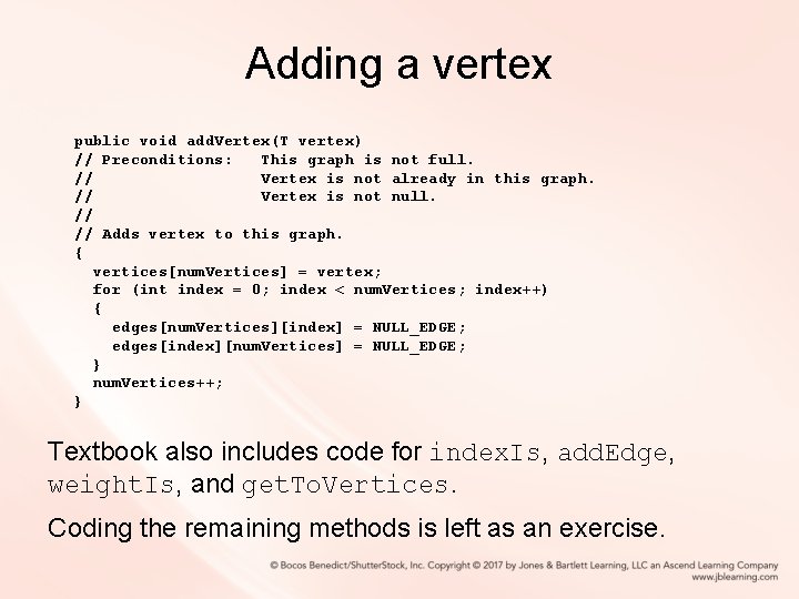 Adding a vertex public void add. Vertex(T vertex) // Preconditions: This graph is not Adding a vertex public void add. Vertex(T vertex) // Preconditions: This graph is not