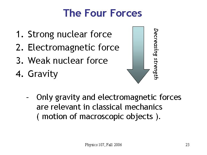 The Four Forces Strong nuclear force Electromagnetic force Weak nuclear force Gravity Decreasing strength