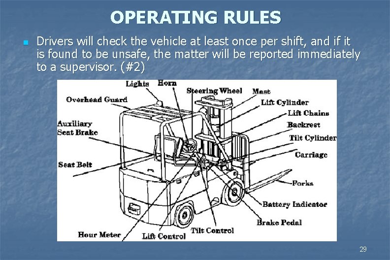 OPERATING RULES n Drivers will check the vehicle at least once per shift, and