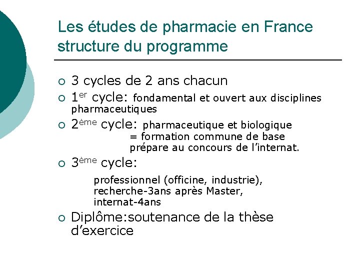 Les études de pharmacie en France structure du programme ¡ 3 cycles de 2
