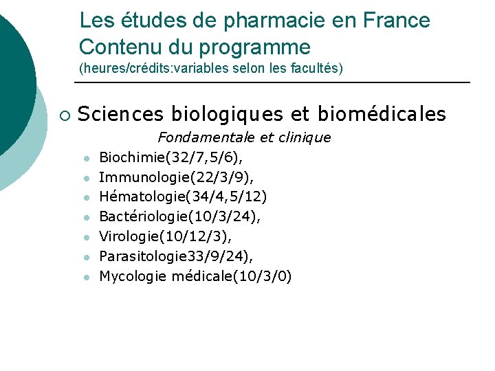 Les études de pharmacie en France Contenu du programme (heures/crédits: variables selon les facultés)