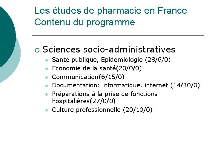Les études de pharmacie en France Contenu du programme ¡ Sciences socio-administratives l l