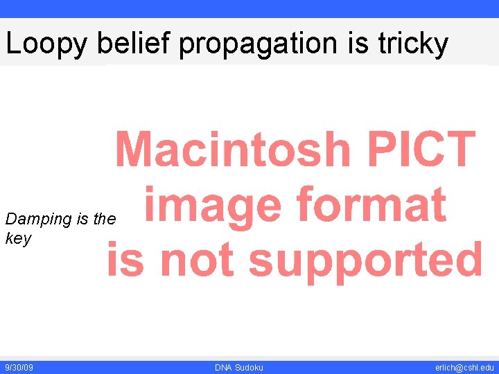 Loopy belief propagation is tricky Damping is the key 9/30/09 DNA Sudoku erlich@cshl. edu Loopy belief propagation is tricky Damping is the key 9/30/09 DNA Sudoku erlich@cshl. edu
