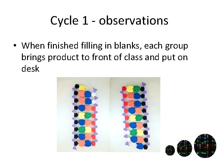 Cycle 1 - observations • When finished filling in blanks, each group brings product