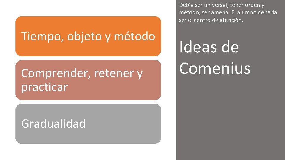 Debía ser universal, tener orden y método, ser amena. El alumno debería ser el Debía ser universal, tener orden y método, ser amena. El alumno debería ser el