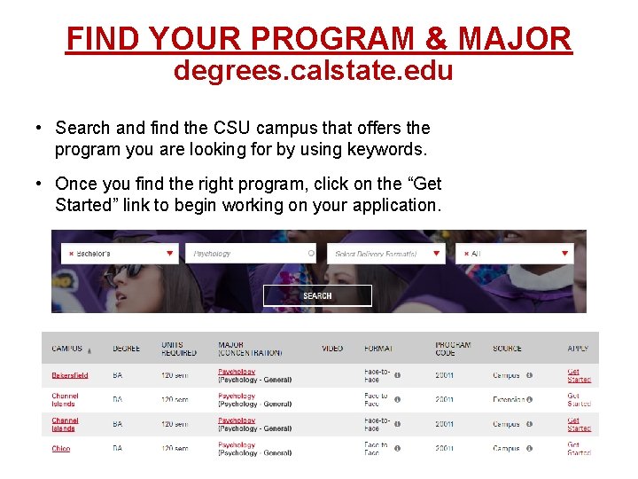 FIND YOUR PROGRAM & MAJOR degrees. calstate. edu • Search and find the CSU