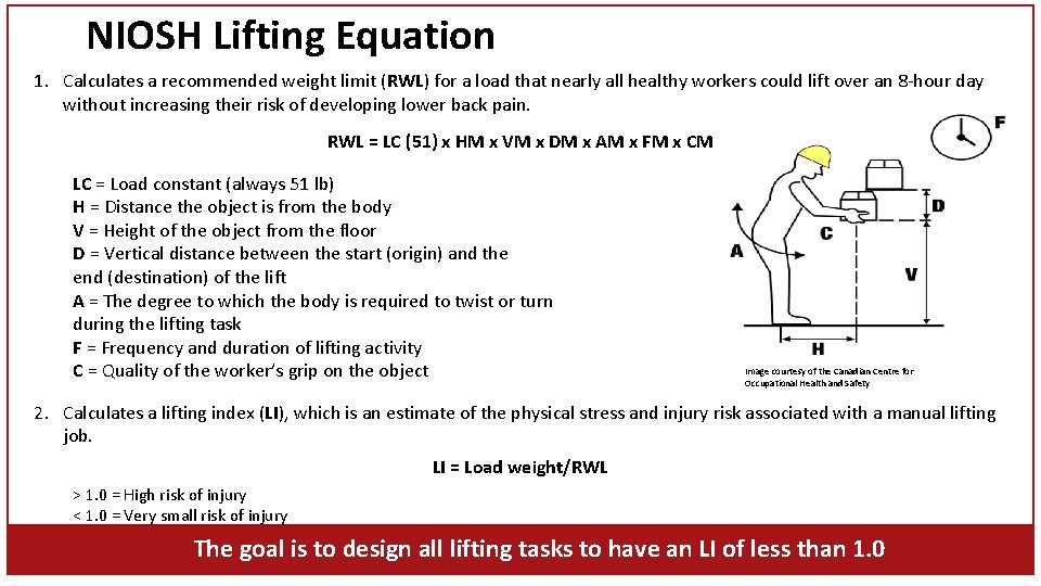 NIOSH Lifting Equation 1. Calculates a recommended weight limit (RWL) for a load that