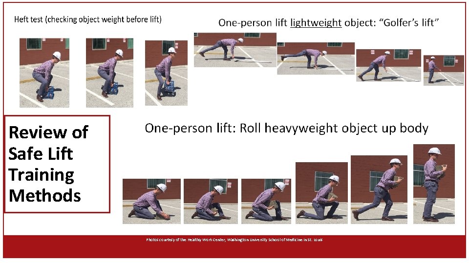 Review of Safe Lift Training Methods Photos courtesy of the Healthy Work Center, Washington Review of Safe Lift Training Methods Photos courtesy of the Healthy Work Center, Washington