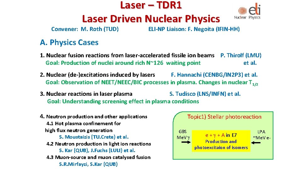 Laser – TDR 1 Laser Driven Nuclear Physics Convener: M. Roth (TUD) ELI-NP Liaison: Laser – TDR 1 Laser Driven Nuclear Physics Convener: M. Roth (TUD) ELI-NP Liaison: