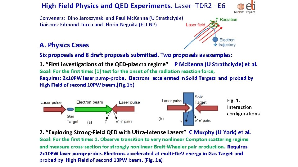 High Field Physics and QED Experiments. Laser–TDR 2 –E 6 Conveners: Dino Jaroszynski and High Field Physics and QED Experiments. Laser–TDR 2 –E 6 Conveners: Dino Jaroszynski and