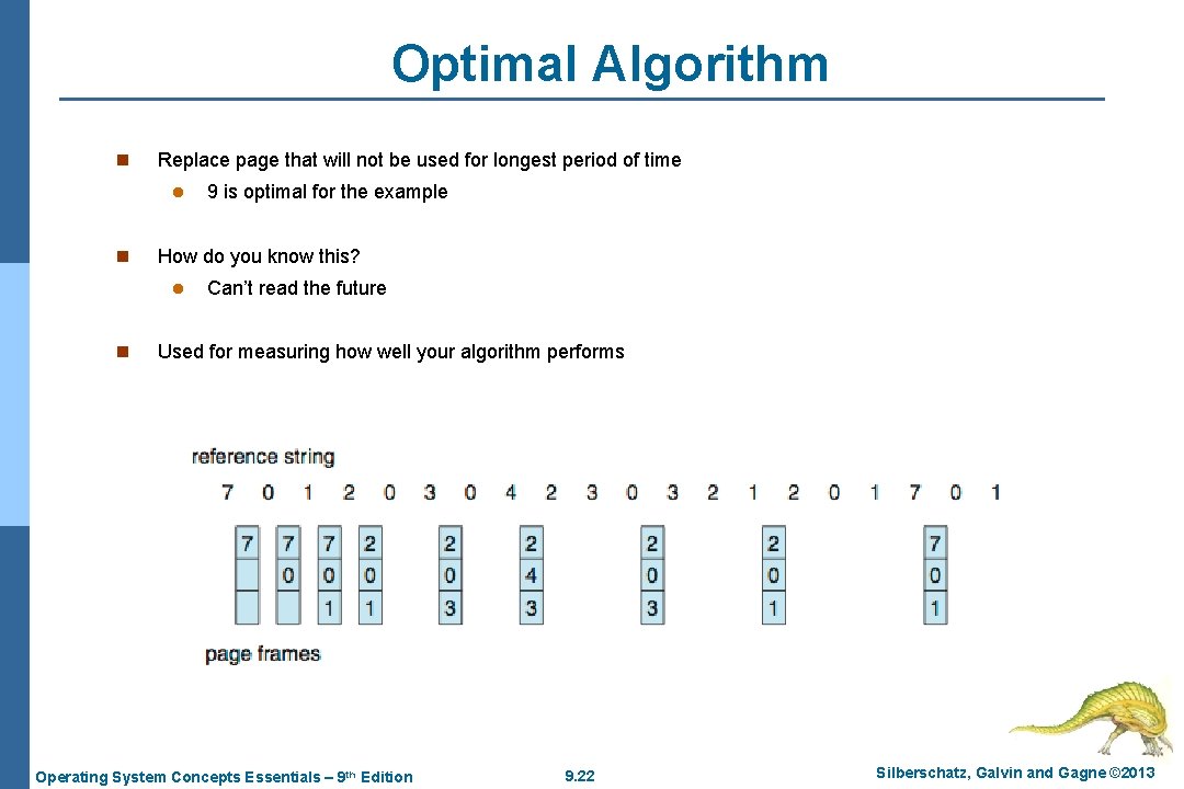 Optimal Algorithm n Replace page that will not be used for longest period of