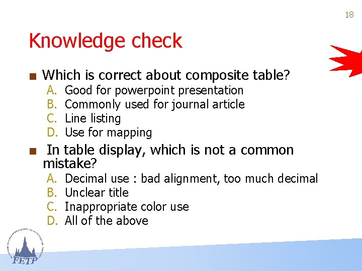 18 Knowledge check ■ Which is correct about composite table? A. B. C. D.