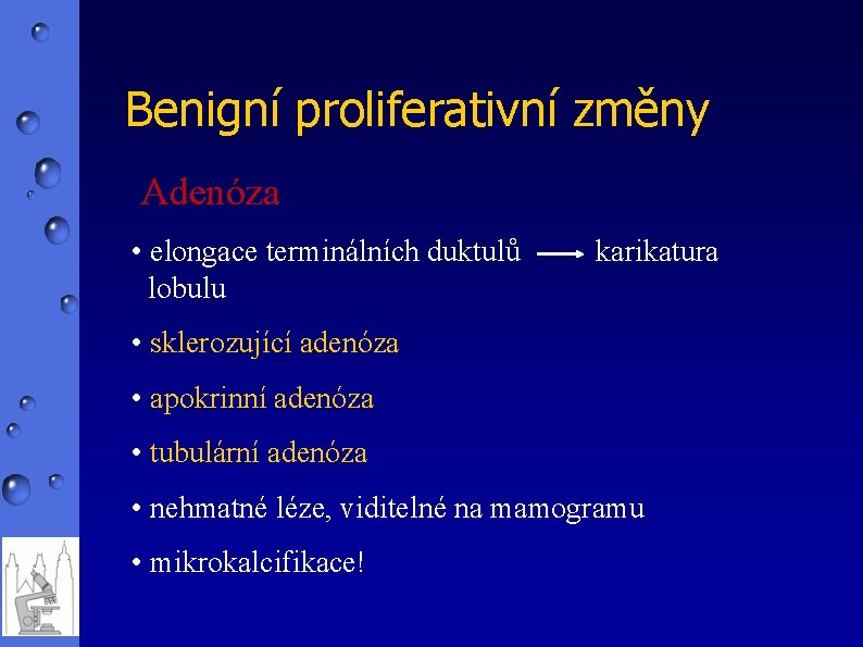 Benigní proliferativní změny Adenóza • elongace terminálních duktulů lobulu karikatura • sklerozující adenóza •