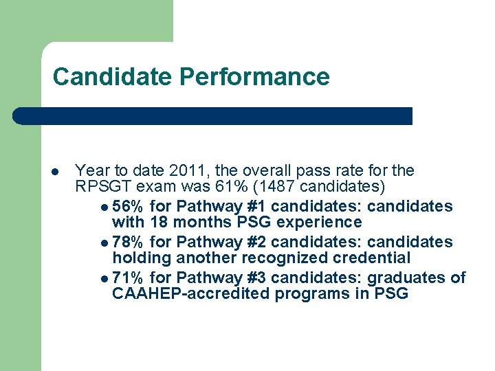Candidate Performance Year to date 2011, the overall pass rate for the RPSGT exam