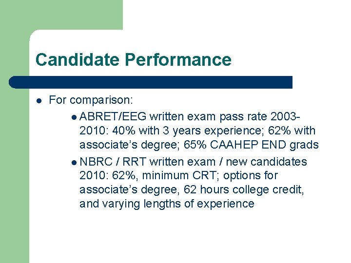 Candidate Performance For comparison: ABRET/EEG written exam pass rate 20032010: 40% with 3 years