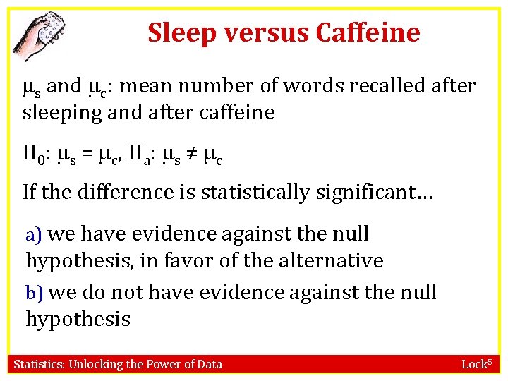 Sleep versus Caffeine s and c: mean number of words recalled after sleeping and