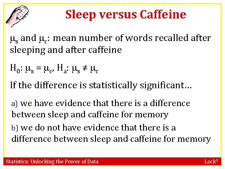 Sleep versus Caffeine s and c: mean number of words recalled after sleeping and