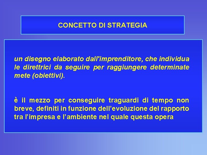 CONCETTO DI STRATEGIA un disegno elaborato dall'imprenditore, che individua le direttrici da seguire per