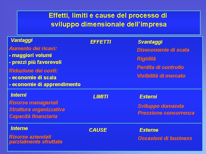 Effetti, limiti e cause del processo di sviluppo dimensionale dell’impresa Vantaggi EFFETTI Aumento dei