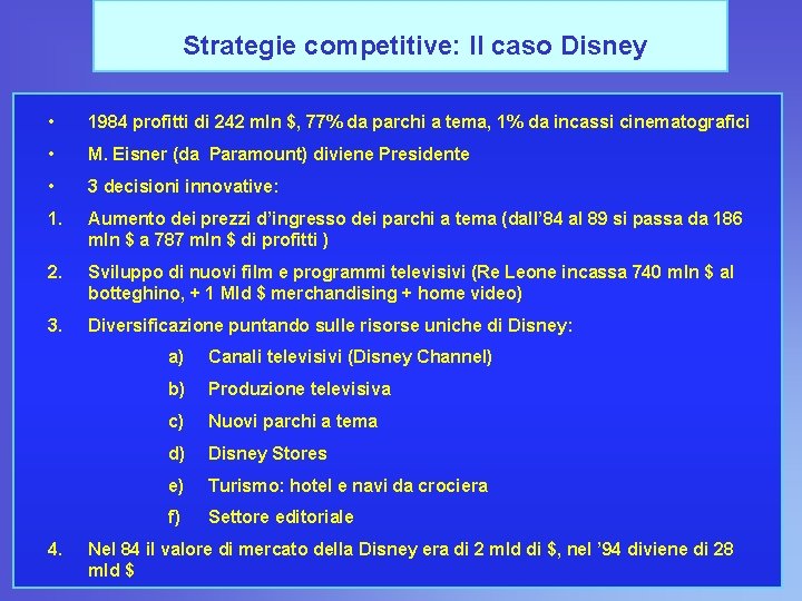 Strategie competitive: Il caso Disney • 1984 profitti di 242 mln $, 77% da