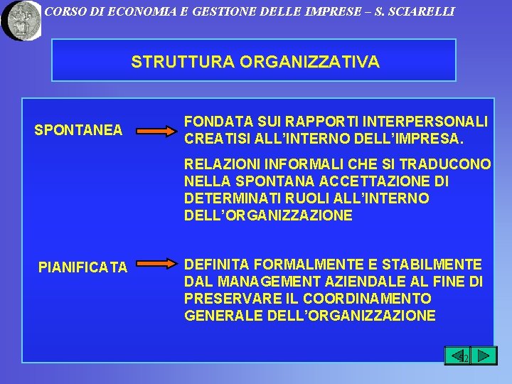 CORSO DI ECONOMIA E GESTIONE DELLE IMPRESE – S. SCIARELLI STRUTTURA ORGANIZZATIVA SPONTANEA FONDATA