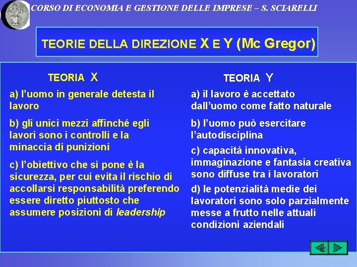 CORSO DI ECONOMIA E GESTIONE DELLE IMPRESE – S. SCIARELLI TEORIE DELLA DIREZIONE X