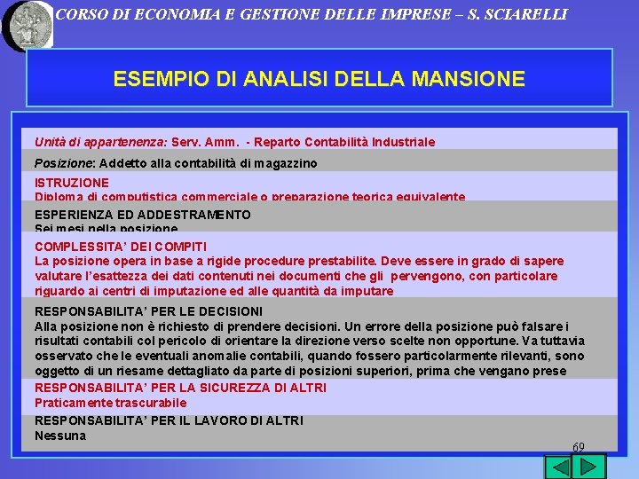 CORSO DI ECONOMIA E GESTIONE DELLE IMPRESE – S. SCIARELLI ESEMPIO DI ANALISI DELLA