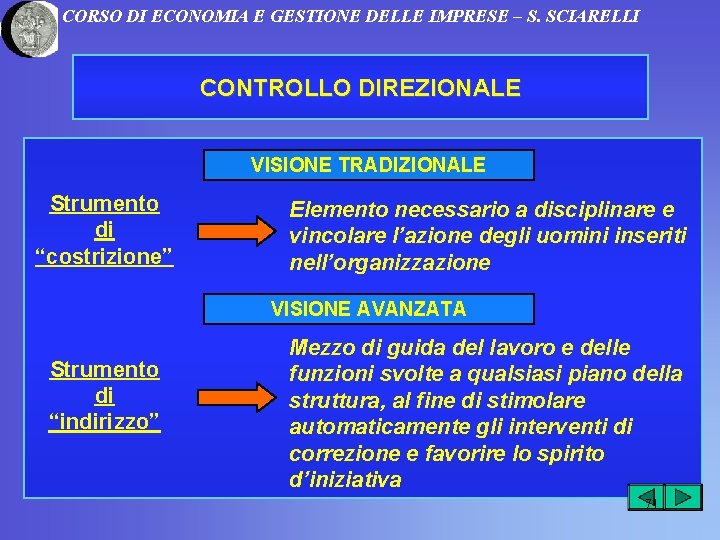 CORSO DI ECONOMIA E GESTIONE DELLE IMPRESE – S. SCIARELLI CONTROLLO DIREZIONALE VISIONE TRADIZIONALE