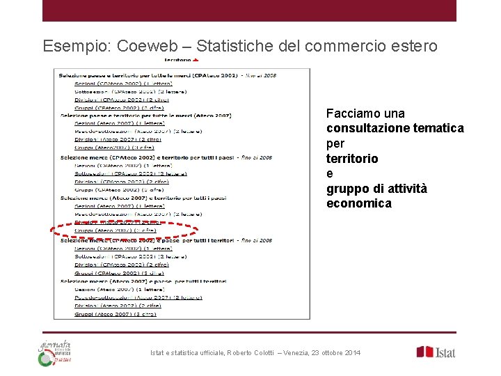 Esempio: Coeweb – Statistiche del commercio estero Facciamo una consultazione tematica per territorio e