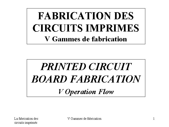 FABRICATION DES CIRCUITS IMPRIMES V Gammes de fabrication PRINTED CIRCUIT BOARD FABRICATION V Operation