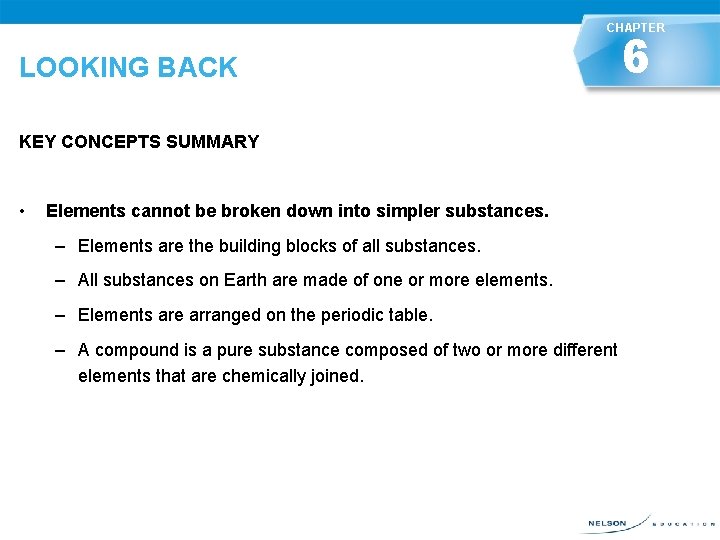 CHAPTER 6 LOOKING BACK KEY CONCEPTS SUMMARY • LOOKING BACK Elements cannot be broken