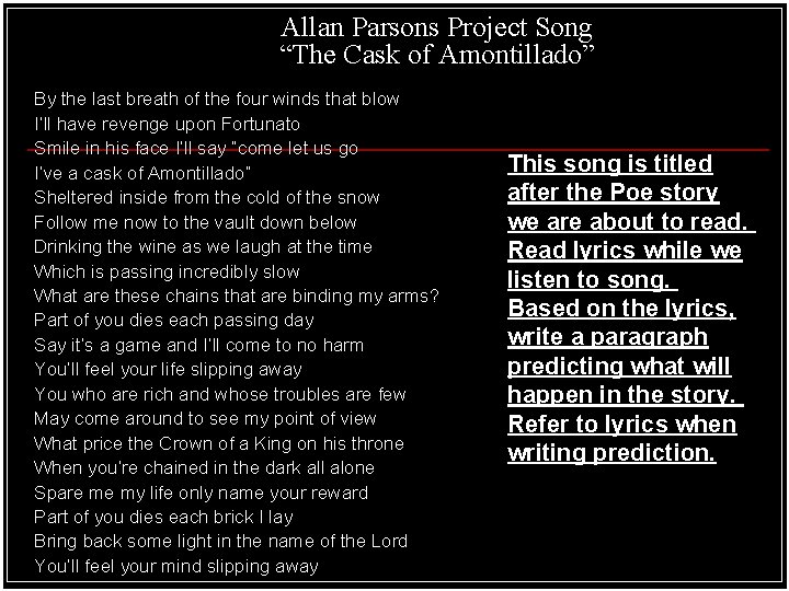 Allan Parsons Project Song “The Cask of Amontillado” By the last breath of the