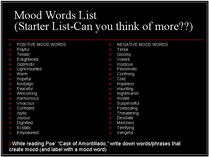 Mood Words List (Starter List-Can you think of more? ? ) n n n