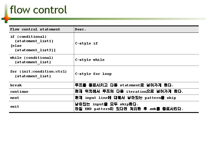 flow control Flow control statement Desc. if (conditional) {statement_list 1} [else {statement_list 2}] C-style