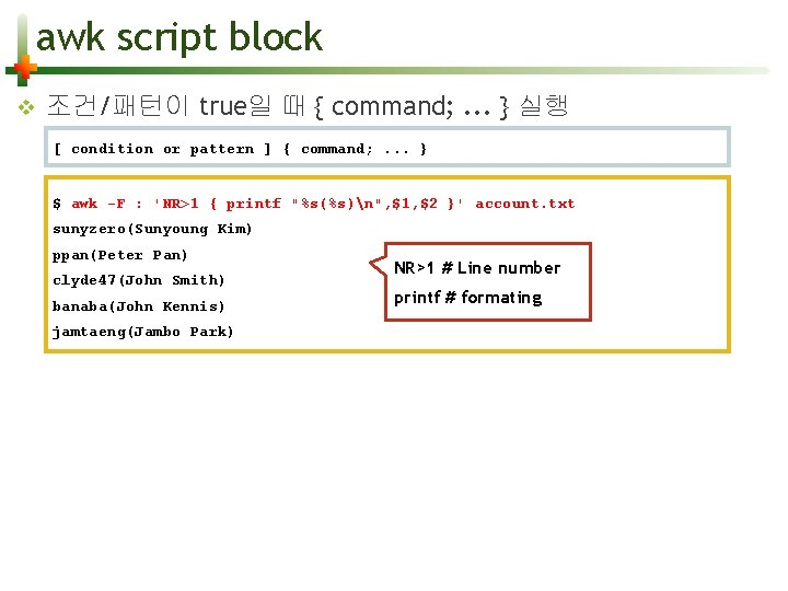 awk script block v 조건/패턴이 true일 때 { command; . . . } 실행
