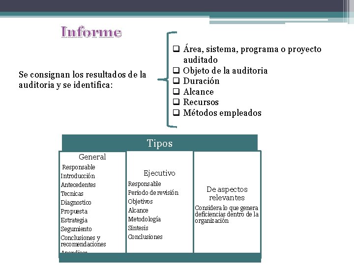 Informe Se consignan los resultados de la auditoria y se identifica: q Área, sistema,