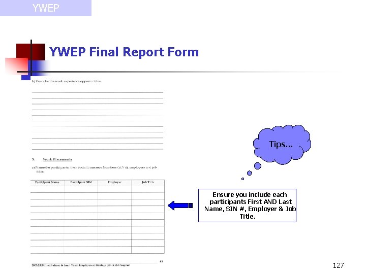 YWEP Final Report Form Tips… Ensure you include each participants First AND Last Name,
